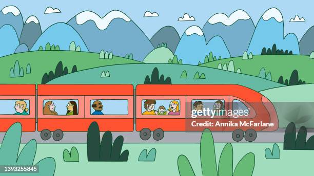 illustrations, cliparts, dessins animés et icônes de voyage en train avec des passagers de personnes diverses à la campagne - regarder par la fenêtre