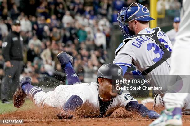 Julio Rodriguez of the Seattle Mariners scores a run against the Kansas City Royals during the seventh inning at T-Mobile Park on April 23, 2022 in...