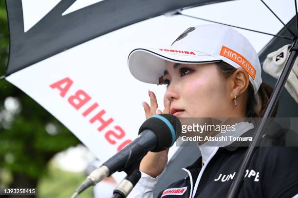 Sayaka Takahashi of Japan shows emotion while being interviewed after winning the tournament following the final round of Fuji Sankei Ladies Classic...