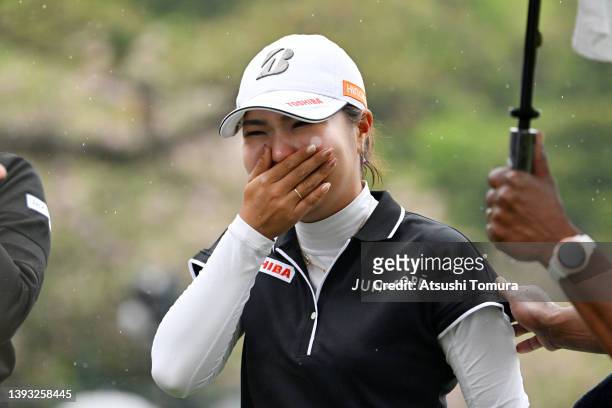 Sayaka Takahashi of Japan sheds tears with joy after winning the tournament following the final round of Fuji Sankei Ladies Classic at Kawana Hotel...