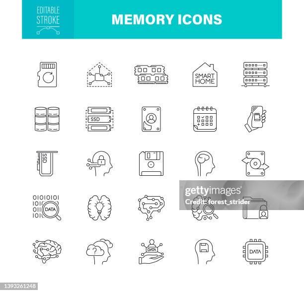 memory icons editable stroke. the set contains icons as brain, data, memories, ssd - usb stick stock illustrations