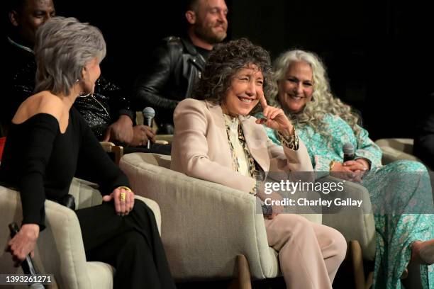 Jane Fonda, Baron Vaughn, Ethan Embry, Lily Tomlin, and Marta Kauffman speak onstage during the Special FYC Event For Netflix's "Grace And Frankie"...