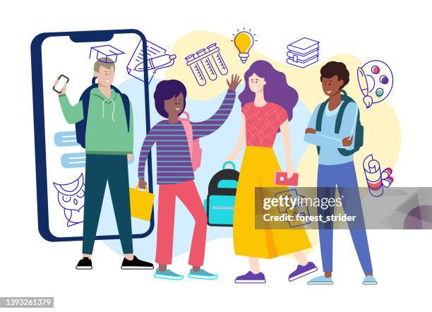 ilustraciones, imágenes clip art, dibujos animados e iconos de stock de grupo diverso de adolescentes ilustración plana. estudiantes y educación - chicos adolescentes