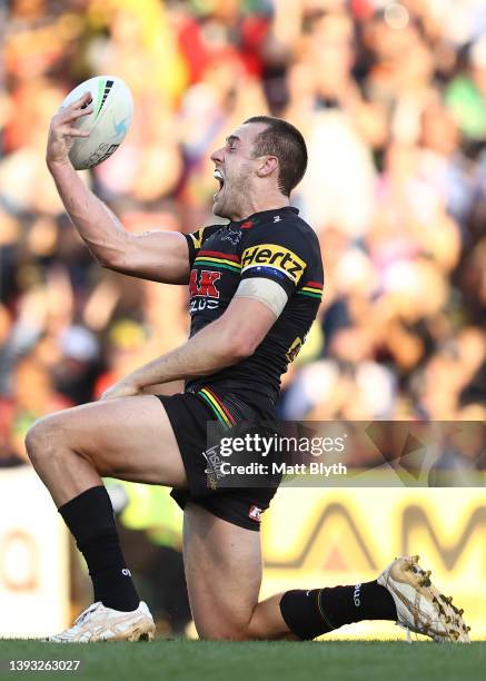 Isaah Yeo of the Panthers celebrates after scoring a try during the round seven NRL match between the Penrith Panthers and the Canberra Raiders at...