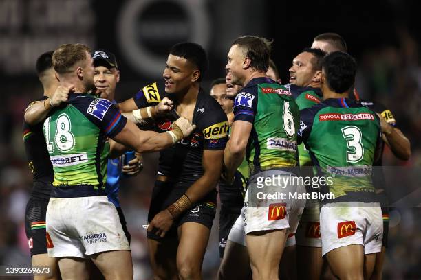 Stephen Crichton of the Panthers and Jack Wighton of the Raiders melee following the round seven NRL match between the Penrith Panthers and the...