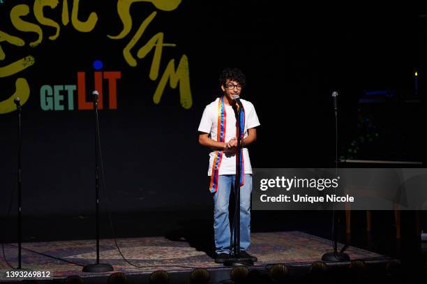 Anthony Minasian from Cleveland High School performs at the 11th Annual Get Lit: Classic Poetry Slam Event at Dynasty Typewriter at the Hayworth on...