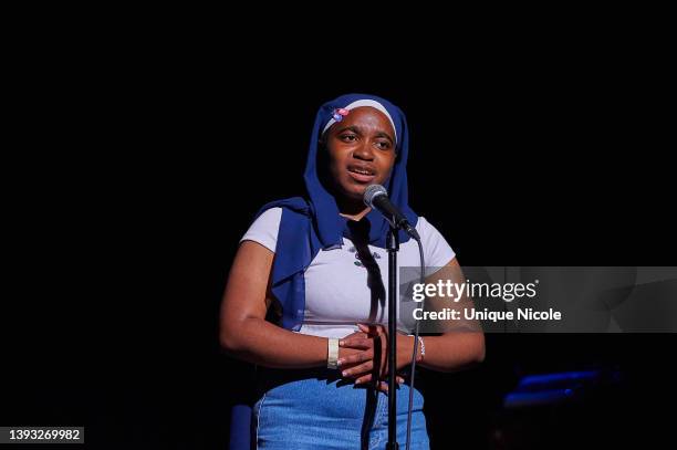 Student Sierra Leone Anderson from GALA High School performs during the 11th Annual Get Lit: Classic Poetry Slam event at Dynasty Typewriter at the...