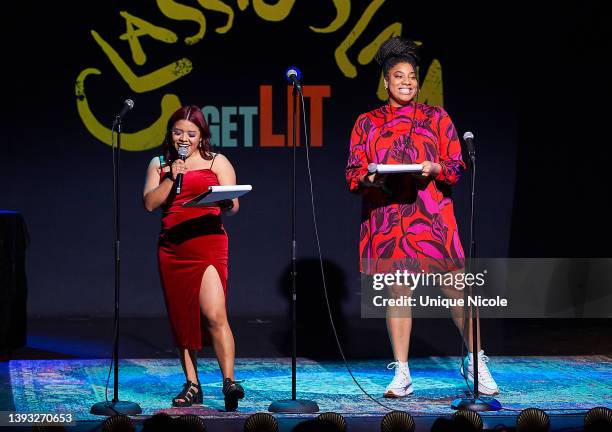 Vanessa Tahay and Ashley August host the 11th Annual Get Lit: Classic Poetry Slam event at Dynasty Typewriter at the Hayworth on April 23, 2022 in...