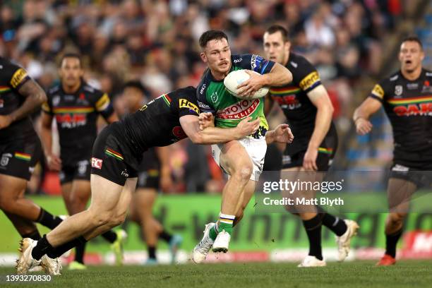 Tom Starling of the Raiders is tackled during the round seven NRL match between the Penrith Panthers and the Canberra Raiders at BlueBet Stadium on...