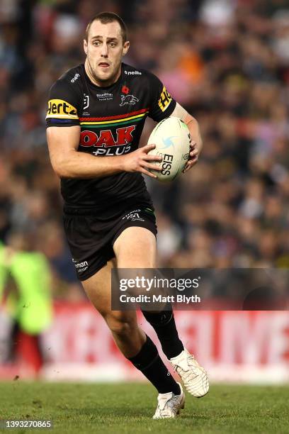 Isaah Yeo of the Panthers runs the ball during the round seven NRL match between the Penrith Panthers and the Canberra Raiders at BlueBet Stadium on...