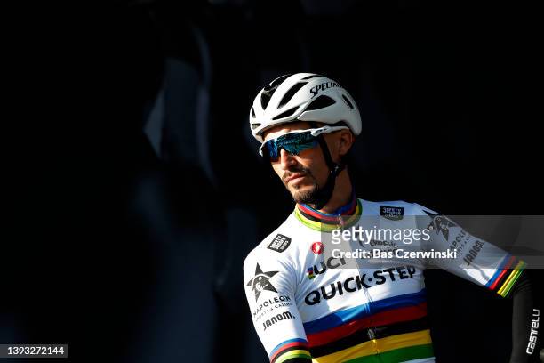 Julian Alaphilippe of France and Team Quick-Step - Alpha Vinyl during the team presentation prior to the 108th Liege - Bastogne - Liege 2022 - Men's...