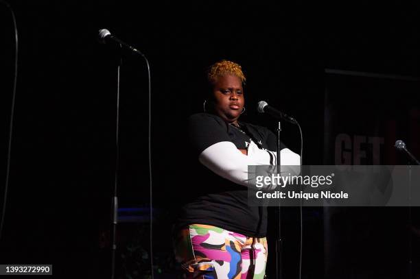Aujwon'a Lambert of James Cleveland High School performs at the11th Annual Get Lit: Classic Poetry Slam event at Dynasty Typewriter at the Hayworth...