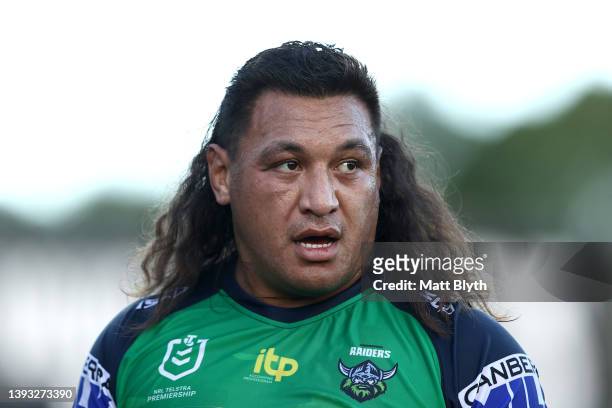 Josh Papalii of the Raiders looks on during the round seven NRL match between the Penrith Panthers and the Canberra Raiders at BlueBet Stadium on...