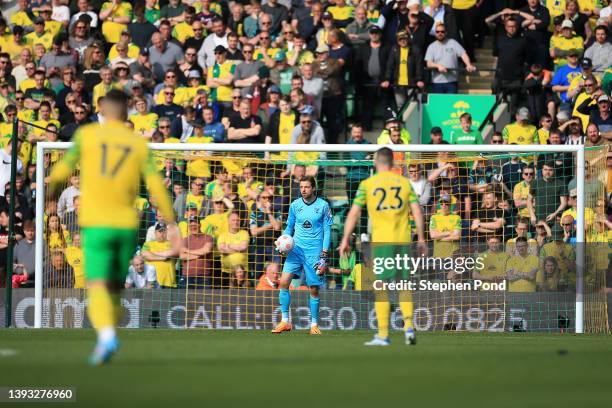 Tim Krul of Norwich City reacts during the Premier League match between Norwich City and Newcastle United at Carrow Road on April 23, 2022 in...