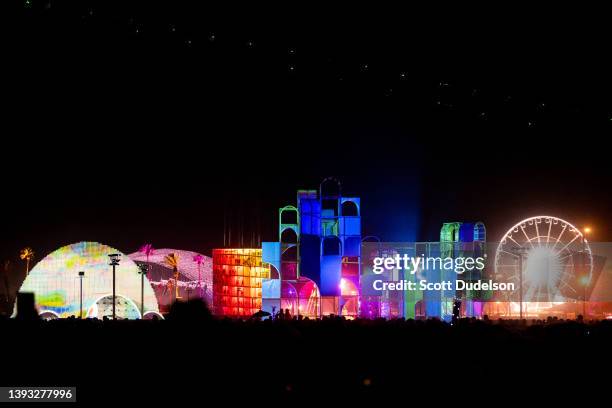 View of art installations and the Coachella ferris wheel during Weekend 2, Day 2 of the 2022 Coachella Valley Music and Arts Festival on April 23,...