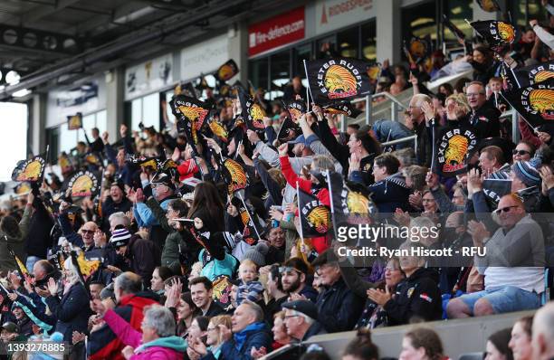 Fans of Exeter Chiefs Women celebrate their side's win after the final whistle of the Allianz Cup Final between Exeter Chiefs Women and Harlequins...