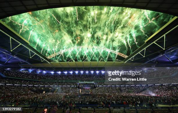 Fireworks are seen above the stadium prior to the WBC World Heavyweight Title Fight between Tyson Fury and Dillian Whyte at Wembley Stadium on April...