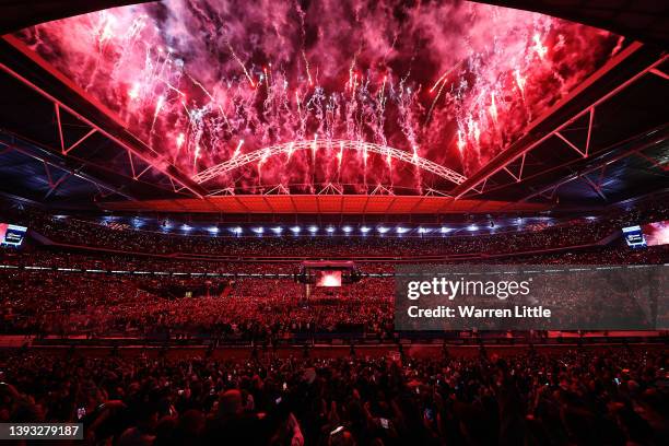 Fireworks are seen above the stadium prior to the WBC World Heavyweight Title Fight between Tyson Fury and Dillian Whyte at Wembley Stadium on April...