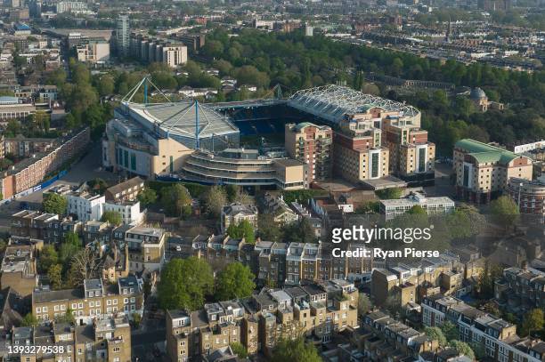 An aerial view of Chelsea and Stamford Bridge ahead of the Premier League match between Chelsea and West Ham United at Stamford Bridge on April 24,...