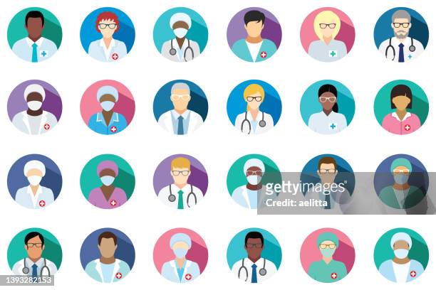 medical staff - set of flat round icons. icons with hospital doctors, surgeons, nurses and other medical practitioners. - general practitioner stock illustrations