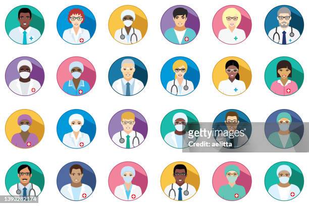 illustrations, cliparts, dessins animés et icônes de personnel médical - ensemble d’icônes rondes plates. icônes avec des médecins hospitaliers, des chirurgiens, des infirmières et d’autres médecins. - masseur
