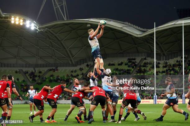 Matt Philip of the Rebels wins the ball in a line-out during the round 10 Super Rugby Pacific match between the Crusaders and the Melbourne Rebels at...