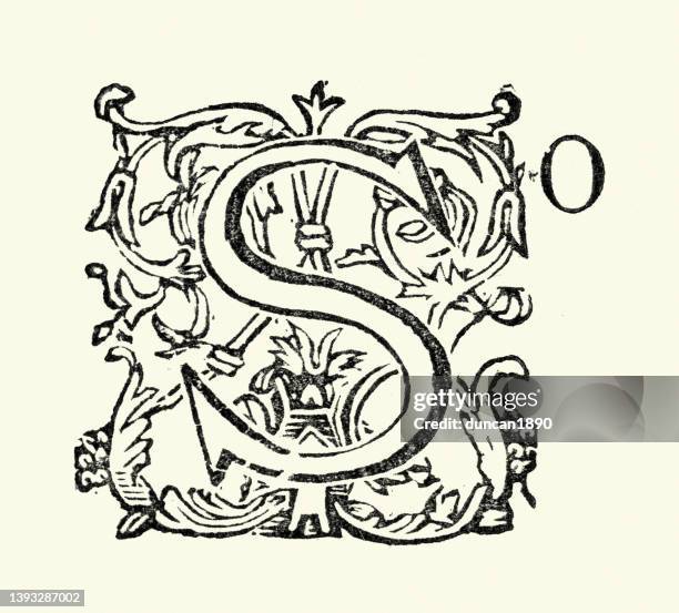 vintage-illustration verzierter großbuchstabe s, so, viktorianisches 19. jahrhundert - monogramm stock-grafiken, -clipart, -cartoons und -symbole