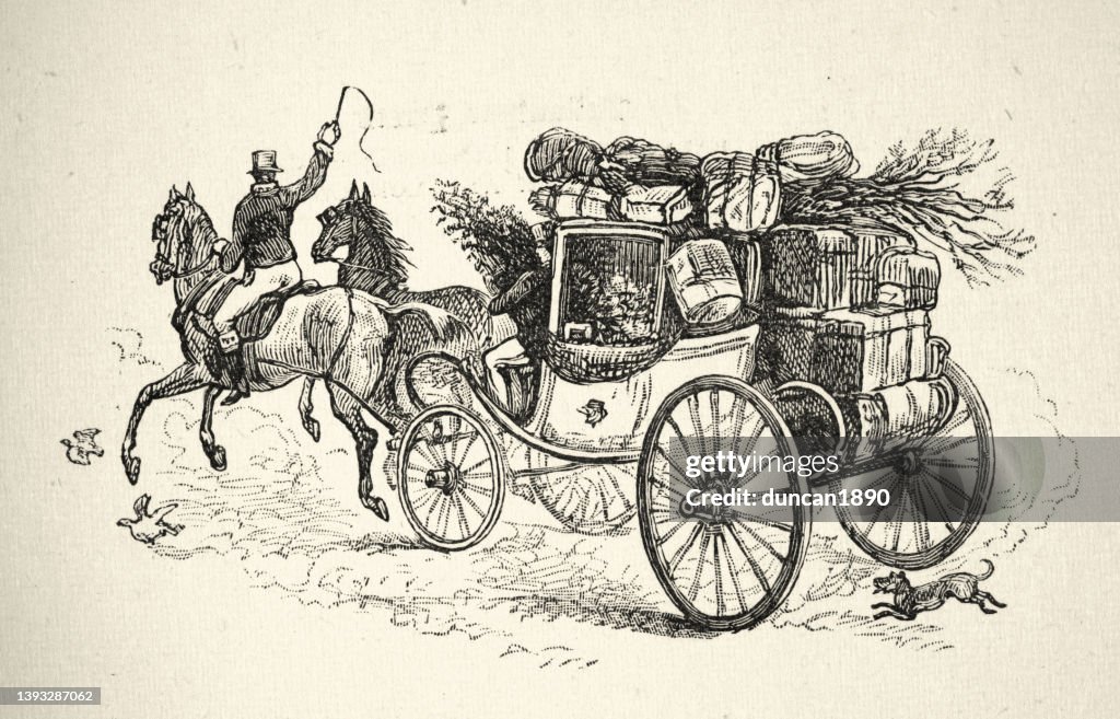 Vintage Illustration Hund Jagd nach Pferd und Kutsche, Kutsche, viktorianisches 19. Jahrhundert