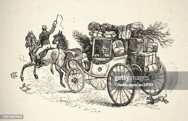 illustrations, cliparts, dessins animés et icônes de illustration vintage chien poursuivant le cheval et la calèche, carrosse, victorien du 19ème siècle - voiture attelée
