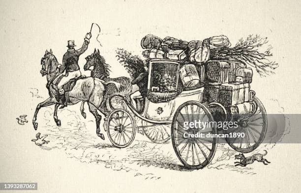 vintage illustration dog chasing after horse and carriage, coach, victorian 19th century - horsedrawn 幅插畫檔、美工圖案、卡通及圖標