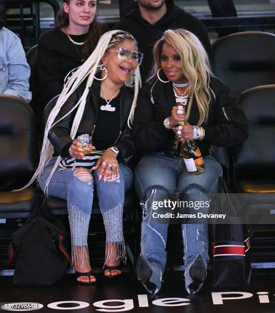 Mary J. Blige and Misa Hylton attend Brooklyn Nets v Boston Celtics game at Barclays Center of Brooklyn on April 23, 2022 in New York City.