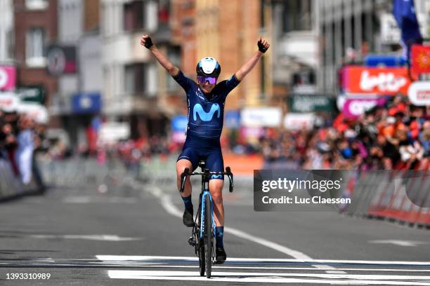 Annemiek Van Vleuten of Netherlands and Movistar Team Women celebrates at finish line as race winner during the 6th Liege - Bastogne - Liege 2022 -...