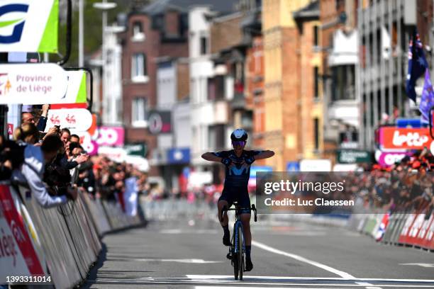 Annemiek Van Vleuten of Netherlands and Movistar Team Women celebrates at finish line as race winner during the 6th Liege - Bastogne - Liege 2022 -...