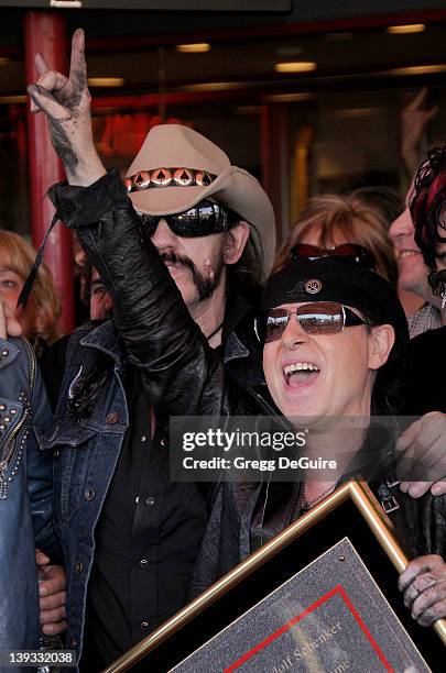 Lemmy of Motorhead and Klaus Meine of the Scorpions pose at their induction ceremony into Hollywood's RockWalk at the Guitar Center on April 6, 2010...