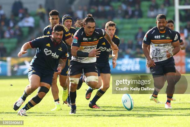 Jahrome Brown of the Brumbies competes for the ball during the round 10 Super Rugby Pacific match between the Highlanders and the ACT Brumbies at...