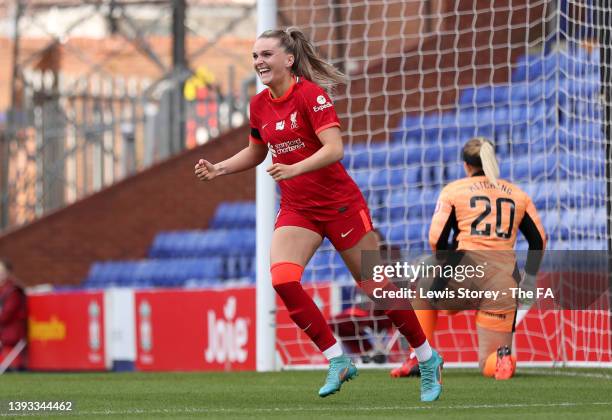 Melissa Lawley of Liverpool Women celebrates scoring their side's third goal during the Barclays FA Women's Championship match between Liverpool and...