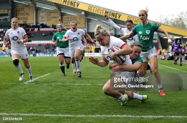 Marlie Packer of England dives over to score their third try during the TikTok Women's Six Nations match between England and Ireland at Mattioli...