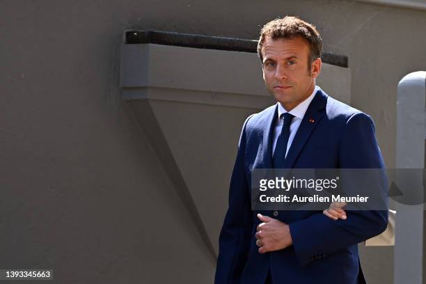 Emmanuel Macron leaves his house to go vote on April 24, 2022 in Le Touquet-Paris-Plage, France. Emmanuel Macron and Marine Le Pen were both...
