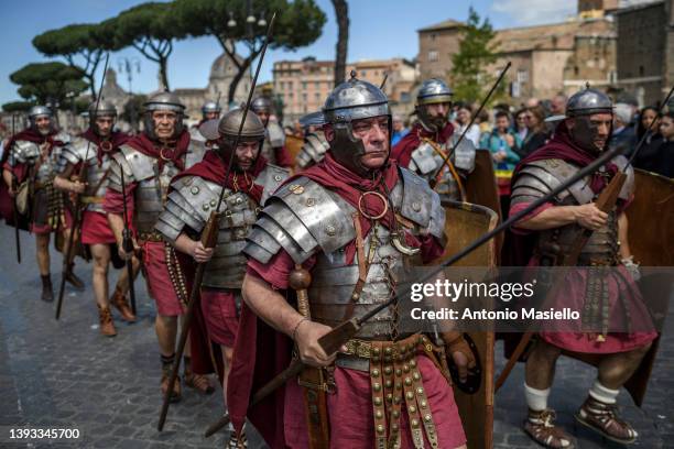 Performers of the historical group dressed as ancient Roman centurions take part in the parade to celebrate the anniversary of the foundation of the...