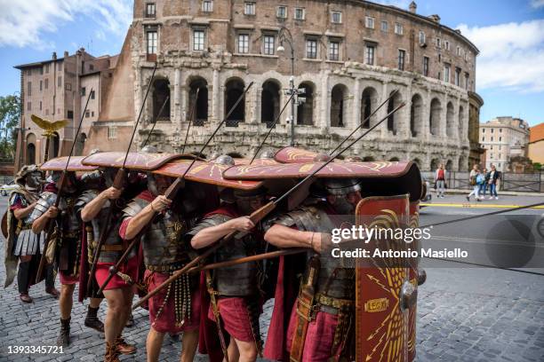 Performers of the historical group dressed as ancient Roman centurions take part in the parade to celebrate the anniversary of the foundation of the...