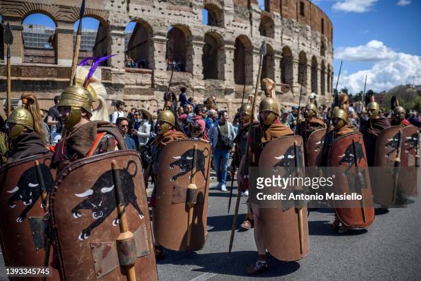 Performers of the historical group dressed as ancient Roman centurions take part in the parade to celebrate the anniversary of the foundation of the...