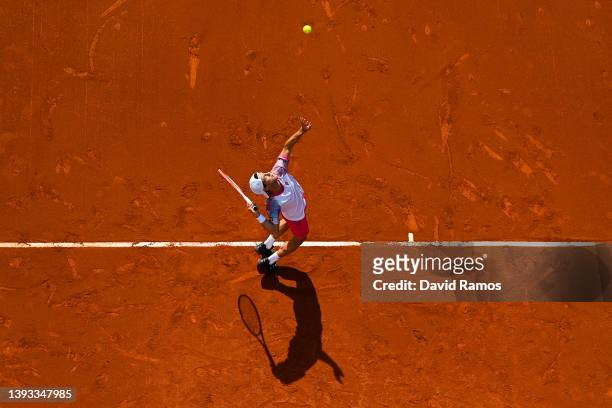Diego Schwartzman of Argentina serves during their semifinal match against Pablo Carreño of Spain during Day seven of Barcelona Open Banc Sabadell...
