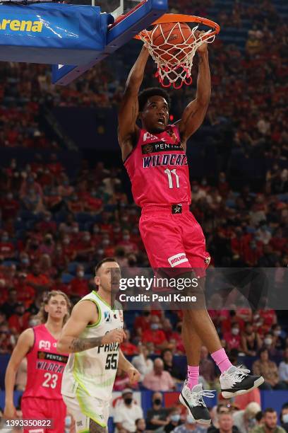 Bryce Cotton of the Wildcats dunks the ball during the round 21 NBL match between the Perth Wildcats and South East Melbourne Phoenix at RAC Arena on...