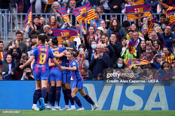 Barcelona players celebrate their team's second goal during the UEFA Women's Champions League Semi Final First Leg match between FC Barcelona and VfL...