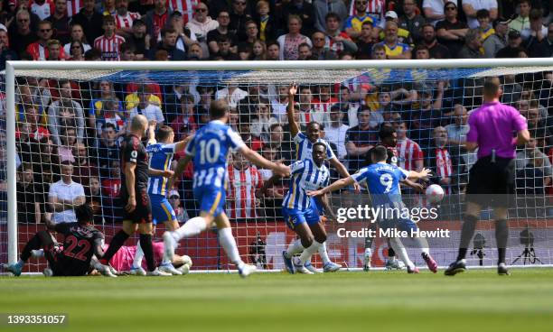 Danny Welbeck of Brighton & Hove Albion celebrates after scoring their team's first goal during the Premier League match between Brighton & Hove...