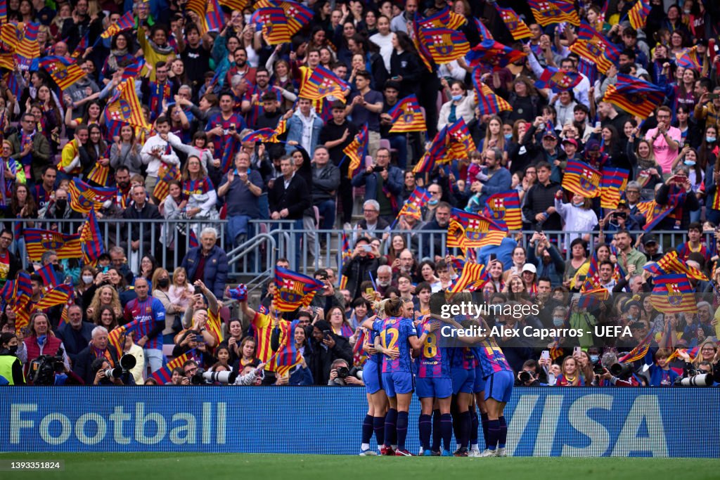 FC Barcelona players celebrate their team's second goal during the