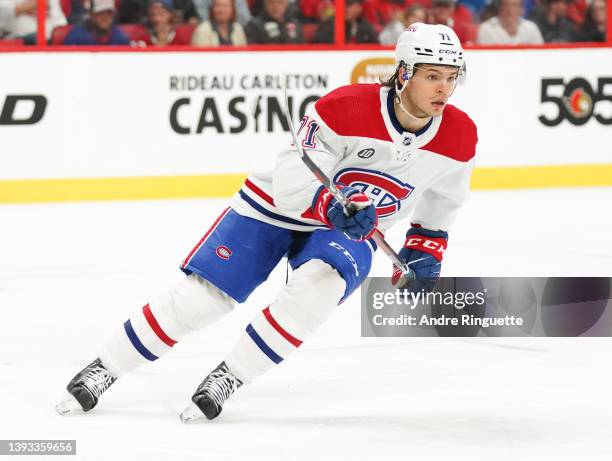 Jake Evans of the Montreal Canadiens skates against the Ottawa Senators at Canadian Tire Centre on April 23, 2022 in Ottawa, Ontario, Canada.