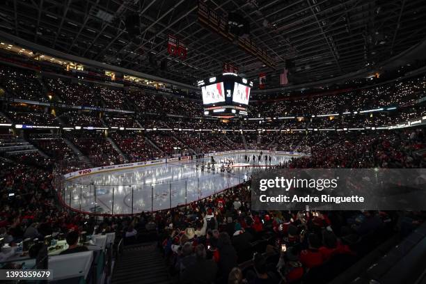 General view of Canadian Tire Centre as fans hold their phone lights up during a pregame moment prior to the Ottawa Senators playing against the...