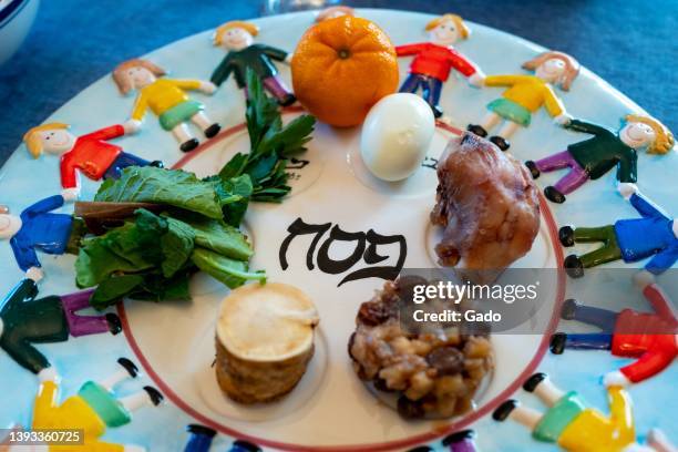 Close-up of ritual items on a Passover Seder plate during the Jewish holiday of Passover, Lafayette, California, April 16, 2022. Photo courtesy Sftm.