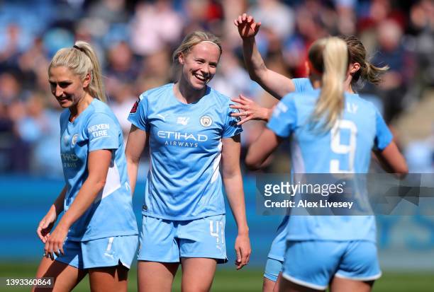 Julie Blakstad of Manchester City Women celebrates after scoring their team's third goal during the Barclays FA Women's Super League match between...